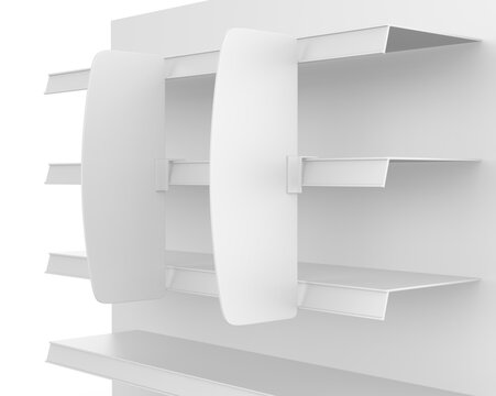 Supermarket Shelf Stopper Banner Blank Display for design presentation. 3d illustration.
