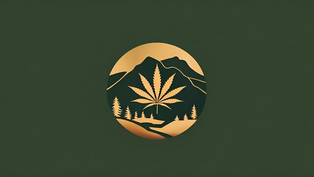 Pushing towards logo of golden marijuana leaf in front of a mountain peak in a green circular frame. Logo or background for Alaska cannabis products company.