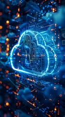 Fototapeta premium Cloud security, stylized cloud with protective shield, blue-silver color scheme, cyber elements, dynamic angle