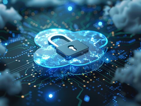 Cloud security concept, digital padlock on a cloud graphic, dark cyberspace background