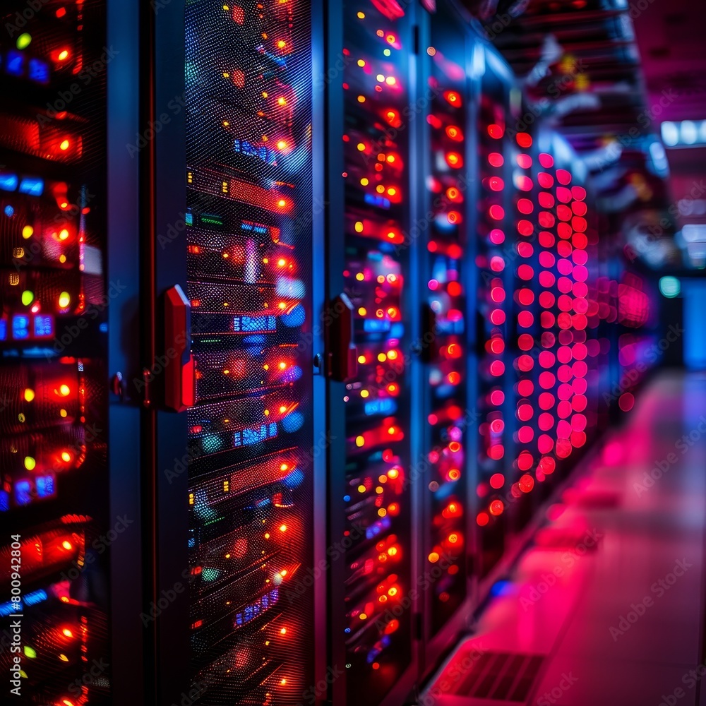 Poster rows of high-tech data servers with cloud logos illuminated by red and blue lights showcase cloud se