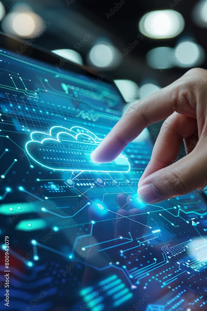 Poster the cloud services market features an interactive digital interface with a hand touching cloud servi