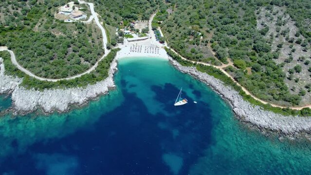 Aerial of Idylic Ammoussa Beach Bay, Sailing Boat, Lefkada, Greece
