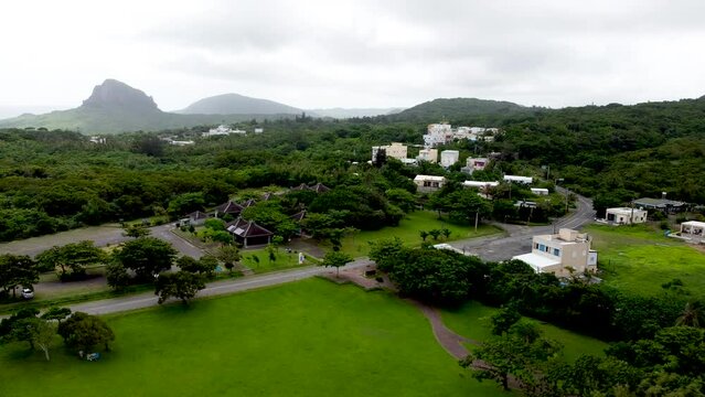 Lush green landscape with scattered buildings under overcast skies, aerial view