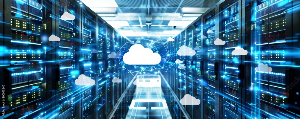 Poster an array of servers adorned with cloud icons under a cool blue ambient light showcases cloud storage