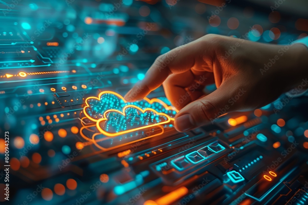 Poster cloud systems engineering, technician adjusting settings on a virtual cloud interface, data center b