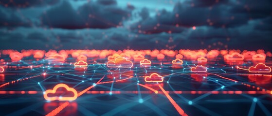 Cloud icons connected by light beams against serene sky at dusk, highlighting connectivity and technology