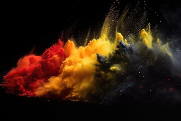 Black, red and yellow colored powder explosion on black background. Paint powder splash in colors flag