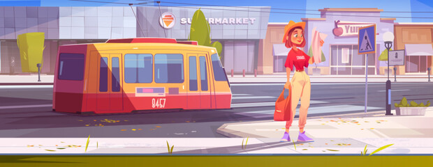 Naklejka premium Woman travel in city with map and tram transport illustration. Girl character and public railway vehicle in downtown. Adventure plan for young tourist to explore town with tramway concept scene