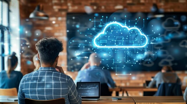 A university professor presented cloud technology, explaining cloud architectures using a 3D interactive model to engaged students in an academic setting