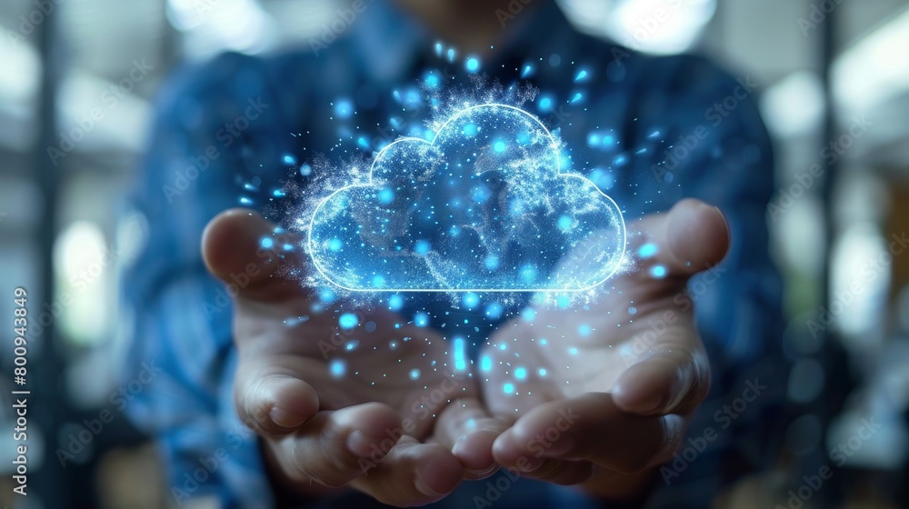 Poster cloud technology services consultant explaining cloud solutions to a client in a modern office setti