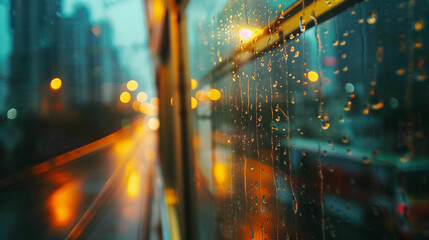  a traveler's perspective through a clear glass window. The scene should capture the changing landscape outside, refracted and distorted slightly by the glass, conveying a sense of movement and transi