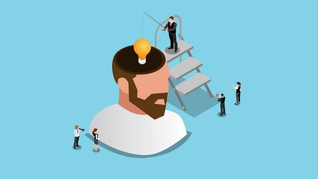 Business people inserting a light bulb in a head