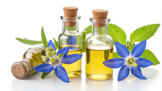 bottle of borage oil on plain white background from Generative AI
