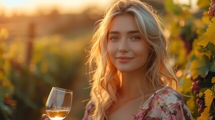 A blond woman, elegantly dressed, holding a wine glass, with vineyards in the background during...