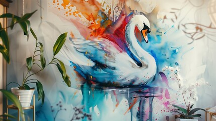 A close-up shot of a watercolor painting depicting a graceful swan, its feathers painted in a burst of colors, adorning the hallway of a contemporary mansion.