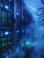 The cloud server facility showcases rows of servers with blue and green lights in a misty atmosphere, highlighting scale and technology
