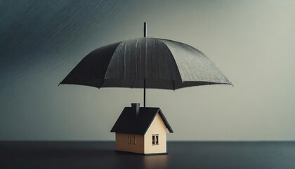 Concept of home insurance. House covered with umbrella to protect it from rain and storm