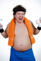 Funny fat man doing sports. Healthy lifestyle. 