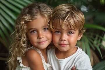 Two happy smiling children little girl and little boy in white summer clothes hugging in tropical green house among palm leaves. Friendship, linen clothing, environmental friendliness.