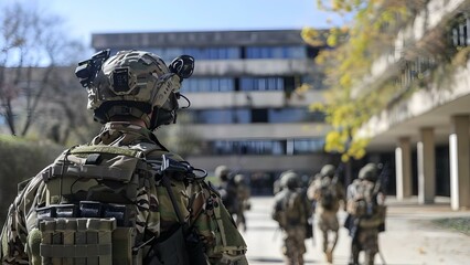 Fototapeta premium Students in military training at university seen from behind . Concept Military Training, University, Students, Physical Endurance, Discipline