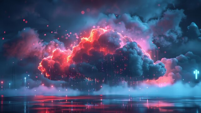 At night, secure cloud tech visualized with dramatic lighting, protected by advanced cybersecurity, a digital fortress