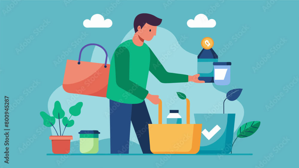 Poster a shopper with a reusable bag in hand carefully selecting only the items they need instead of making