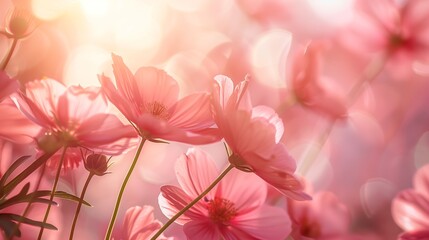 dreamlike view of sunlit pink flowers glowing softly in a radiant garden setting