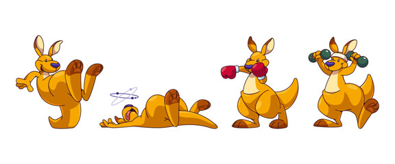 Australia kangaroo character. Jump cute and funny animal vector clipart. Isolated australian mammal laughing, boxing in gloves, exercise with dumbbell design set. Tropical mascot graphic for game
