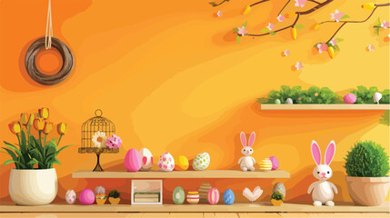 Shelf unit with Easter decor and wreath on orange wall