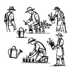 man is holding a watering can and a potted plant. He is kneeling down and tending to the plant