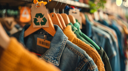 Eco-Friendly Fashion Choices Recycled Tags on Denim Clothes Displayed on Hangers