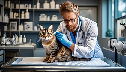 Veterinarian examining pet on table in veterinary clinic, Veterinary caring of a cute cat, 