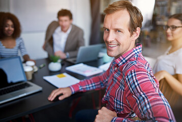 Man, office and portrait with team at desk for strategy with meeting for research with smile....