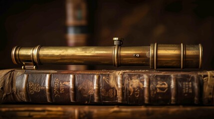 Naklejka premium A classic brass telescope on a vintage old book