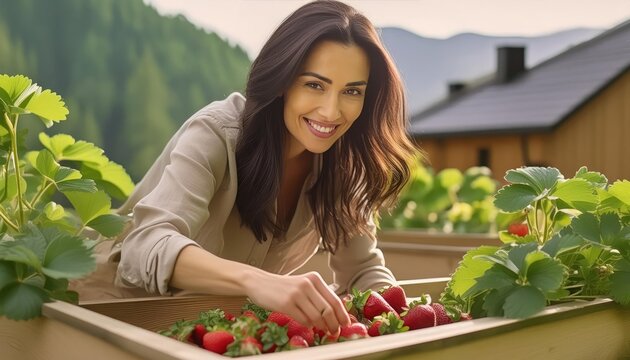 Woman picking strawberry from raised garden bed close up. Gathering fresh natural berries 