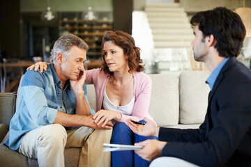 Mature couple, broker and advice in house for planning, retirement and finances for insurance or...