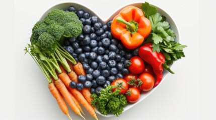 A heart-shaped bowl filled with a variety of fruits and vegetables
