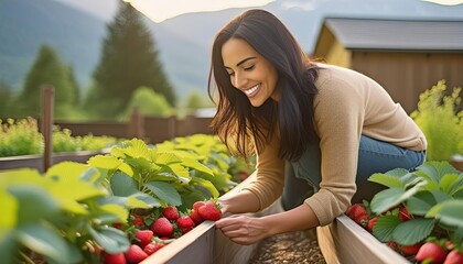 Woman picking strawberry from raised garden bed close up. Gathering fresh natural berries 