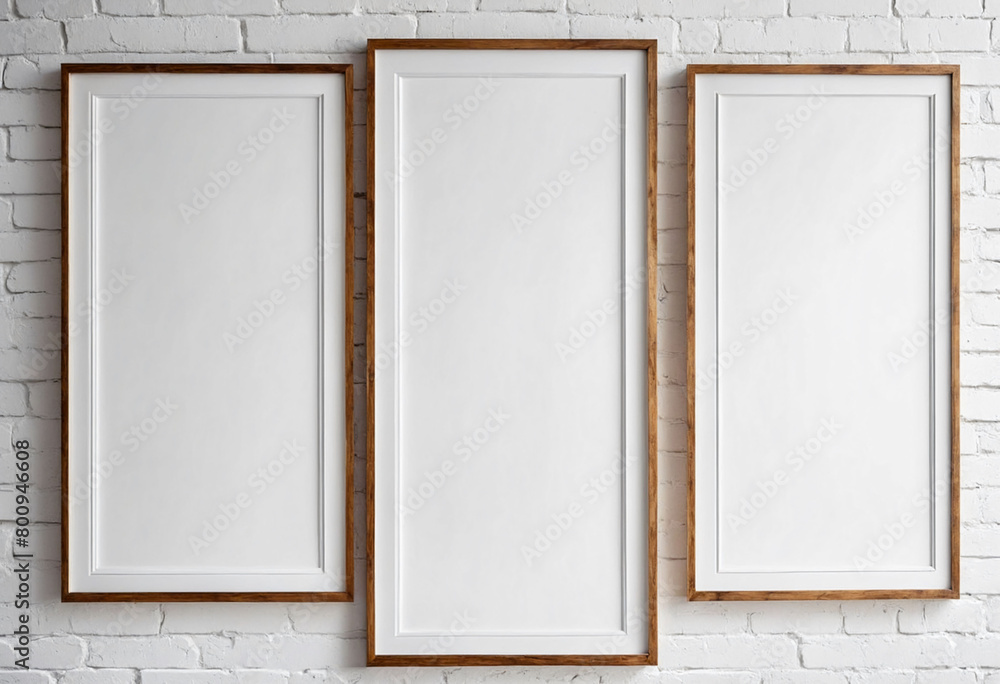Fototapete close up of clean simple white blank frames with wooden frames of different sizes hanging up on a wa