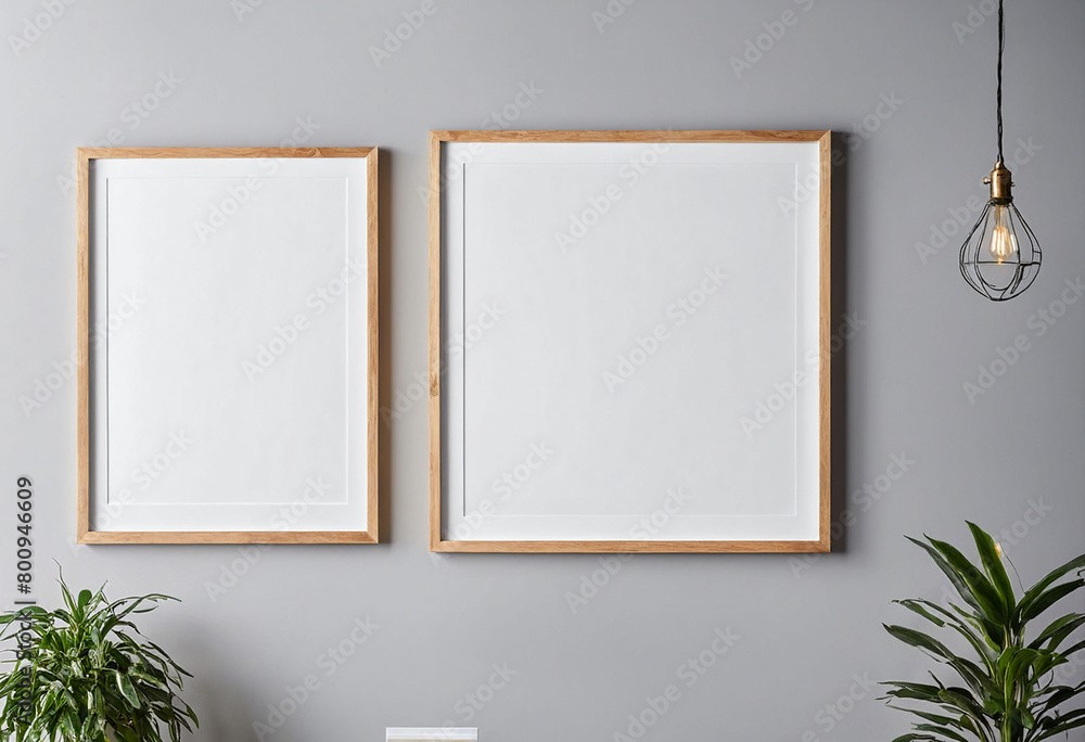 Aufkleber close up of clean simple white blank frames with wooden frames of different sizes hanging up on a wa