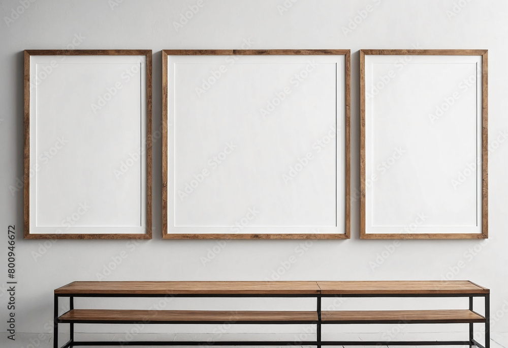 Fototapete close up of clean simple white blank frames with wooden frames of different sizes hanging up on a wa