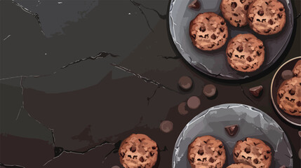 Slate plates and tasty chocolate cookies on dark background