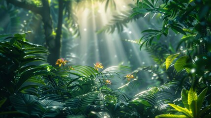 Sunbeams Filtering Through Tropical Rainforest