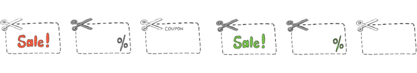 Coupon cut out scissors cutting line.Black icon scissors with cut lines. Isolated on white background. Cut here symbol. Flat. Vector illustration