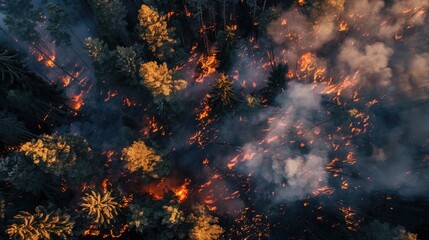 Top view of a forest fire. Drone photo. Nature protection concept.