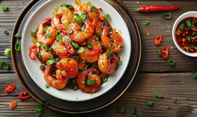 Top view of sweet and sour fried shrimp with sweet and spicy sauce on a plate. Wooden background