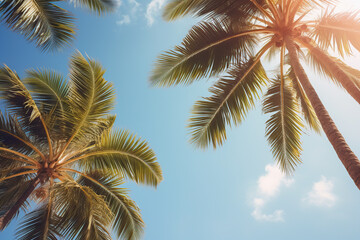 Tropical palm trees under blue skies and sunshine on a sunny day