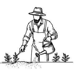 man in hat and overalls is watering plants. The scene is peaceful and serene, with the man tending to the plants in a garden