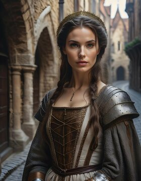 Regal medieval queen in the streets